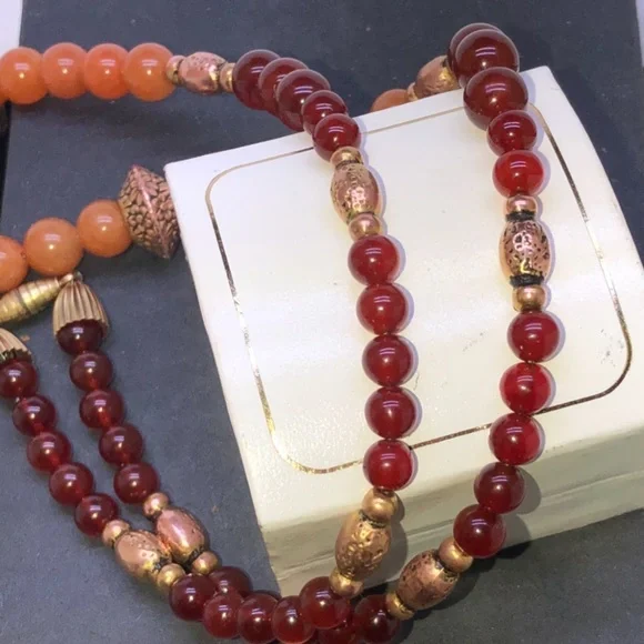 🔴SOLD🔴Graduating Antique Gold Garnet Orange Aventurine Boho Necklace by JM - Picture 4 of 11